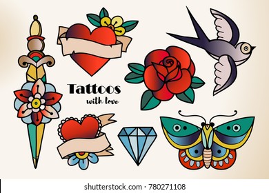 Hand drawn traditional tattoos  Colored graphic vector set  All elements are isolated