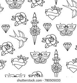 Hand drawn traditional tattoos. Graphic vector seamless pattern