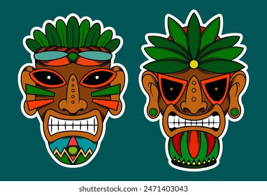 Hand Drawn Traditional Tiki Mask Sticker Illustration