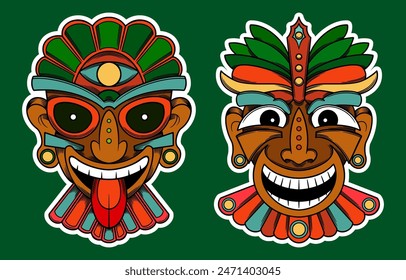 Hand Drawn Traditional Tiki Mask Sticker Illustration