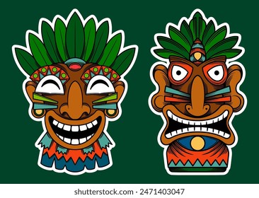 Dibujado a mano tradicional Tiki Máscara Etiqueta engomada ilustración