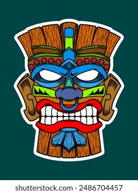 Hand Drawn Traditional Tiki Mask Sticker Illustration