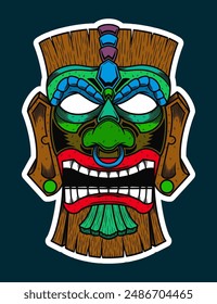 Hand Drawn Traditional Tiki Mask Sticker Illustration