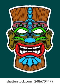 Hand Drawn Traditional Tiki Mask Sticker Illustration
