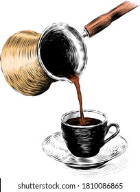 Hand drawn traditional Turkish coffee pot and cup vector illustration. Pouring Turkish Coffee from traditional pot into cup. svg