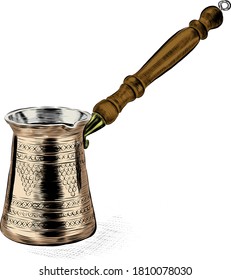 Hand drawn traditional wooden handle Turkish Coffee pot vector illustration.