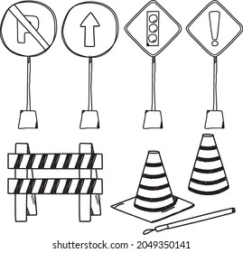 hand drawn traffic sign equipment icons set in doolde style