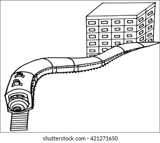 Hand drawn train and building, sketch of cityscape