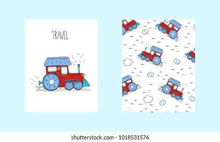 Hand Drawn train cartoon vector card. Printable templates.