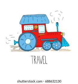 Hand Drawn train cartoon vector illustration. Printable templates.
