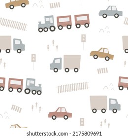 Hand Drawn Train, Truck And Car. Seamless Baby Pattern With Transport. Toy Cars In The Boho Style. Kids Cute Print In Pastel Colors. Trendy Vector Illustration. Nursery Design.