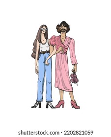 Hand drawn transgender couple, vector image with lgbt characters.