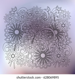 Hand drawn transparent doodle composition of the flowers on the silver gradient  background  for fabric print, wall art and decorate dishes,  porcelain. eps 10.