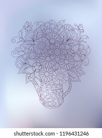 Hand drawn transparent doodle flowers bouquet with butterflies for fabric print, wall art and decoration on the blue gradient background. eps 10.
