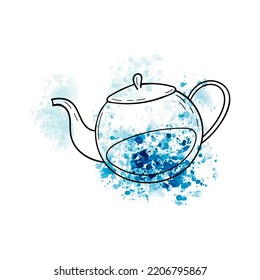 Hand drawn transparent glass teapot on white background. Doodle kettle style vector illustration in sketch engraved style on watercolor stain background. For menu, bar, coffee shop, cafe, restaurant.