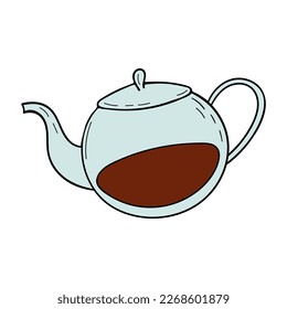Hand drawn transparent glass teapot with tea or coffee on white background. Doodle kettle in sketch style vector illustration in engraved style. For menu, bar, coffee shop, cafe, restaurant, banner.