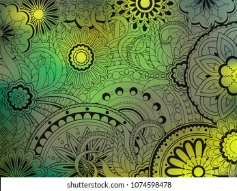 Hand drawn transparent zen tangled pattern on a green gradient. Background for cards, dishes, porcelain, stationery, cases. eps 10.