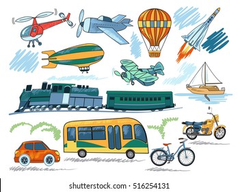 Hand drawn transport icon set with vehicles to travel by land, sea and air vector illustration