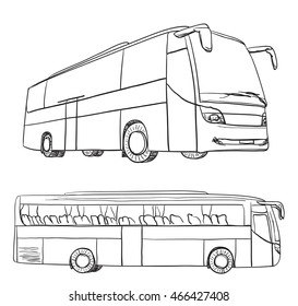 Hand drawn transport set for travel. Bus sketch