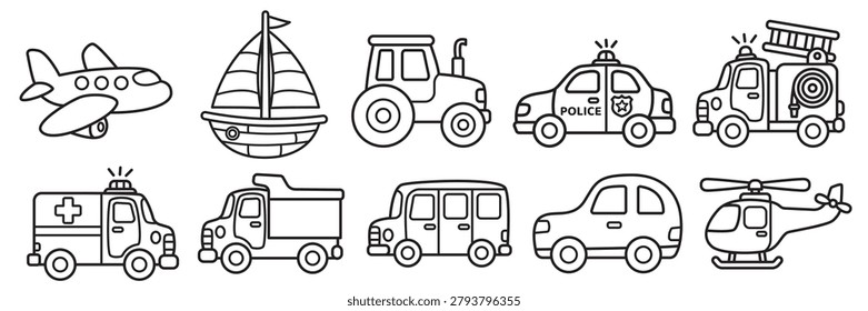 Hand drawn transportation coloring page collection featuring vehicle outline illustrations for kids education and activity books