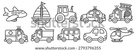 Hand drawn transportation coloring page collection featuring vehicle outline illustrations for kids education and activity books
