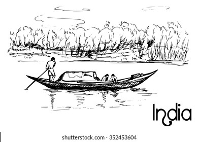 Hand drawn transportation small boat with people