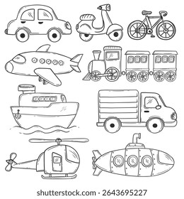 Conjunto de Vetores de Transporte Desenhado à Mão - Ilustração da Coleção de Veículos de Doodle