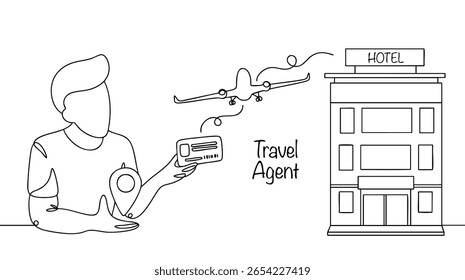 Agente de viagens desenhado à mão. Um especialista que ajuda as pessoas a planejar e reservar viagens. Seleciona passeios, prepara documentos, reserva ingressos e hotéis, consulta sobre vistos e rotas.