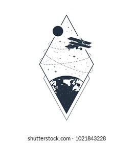 Hand drawn travel badge with biplane textured vector illustration.