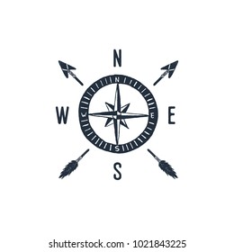 Hand Drawn Travel Badge With Compass Rose Textured Vector Illustration.