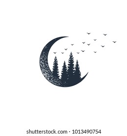 Hand drawn travel badge and crescent   fir trees textured vector illustrations 