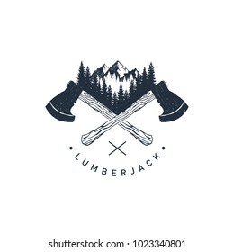 Hand drawn travel badge with crossed axes, mountains and fir trees textured vector illustrations and "Lumberjack" lettering.