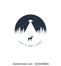 Hand drawn travel badge with deer textured vector illustration and "Let's get lost" inspirational lettering.