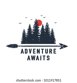 Hand drawn travel badge with fir trees textured vector illustration and "Adventure awaits" inspirational lettering.