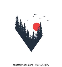 Hand drawn travel badge with fir trees textured vector illustration.