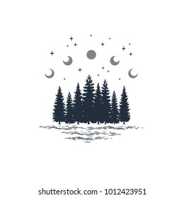 Hand drawn travel badge with fir trees and moon phases textured vector illustrations.