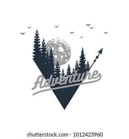 Hand drawn travel badge with fir trees textured vector illustration and "Adventure" inspirational lettering.