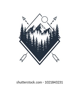 Hand drawn travel badge with fir trees and mountains textured vector illustrations.