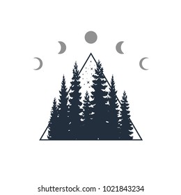 Hand drawn travel badge with fir trees textured vector illustration.