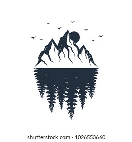 Hand drawn travel badge with fir tree forest and mountain range textured vector illustrations.