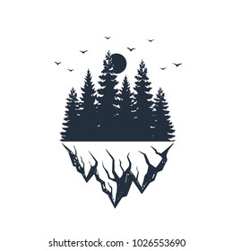 Hand drawn travel badge with fir tree forest and mountain range textured vector illustrations.