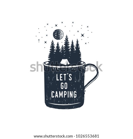 Hand drawn travel badge with fir trees in a metal mug textured vector illustration and 