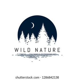 Hand drawn travel badge with forest night theme. 