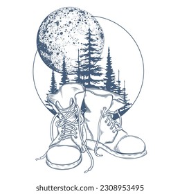 Hand drawn travel badge with forest, travel boots and full moon. Wanderlust. Adventure. Hiking. Vector isolated illustration for t-shirt design, posters, stickers, tatoo, logo. Silhouette pine trees. 