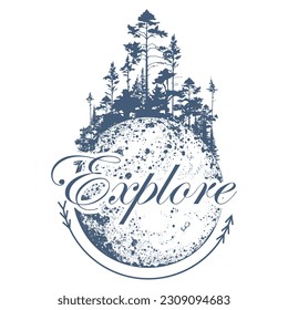 Hand drawn travel badge with forest trees silhouette, full moon and lettering "Explore". Wanderlust. Adventure. Vector isolated illustration for t-shirt design, posters, stickers, tatoo, logo