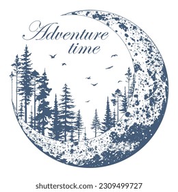 Hand drawn travel badge with forest trees silhouette, half moon and lettering 