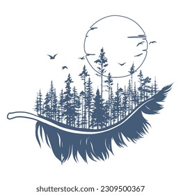 Hand drawn travel badge with forest trees silhouette, feather, full moon and birds. Wanderlust. Adventure. Vector isolated illustration for t-shirt design, posters, stickers, tatoo, label