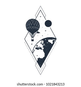 Hand drawn travel badge with hot air balloon textured vector illustration.