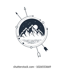 Hand drawn travel badge with mountain range textured vector illustration.