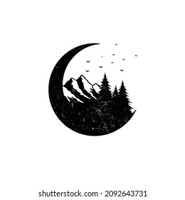 Hand drawn travel badge with mountain, crescent and fir trees textured vector illustrations.